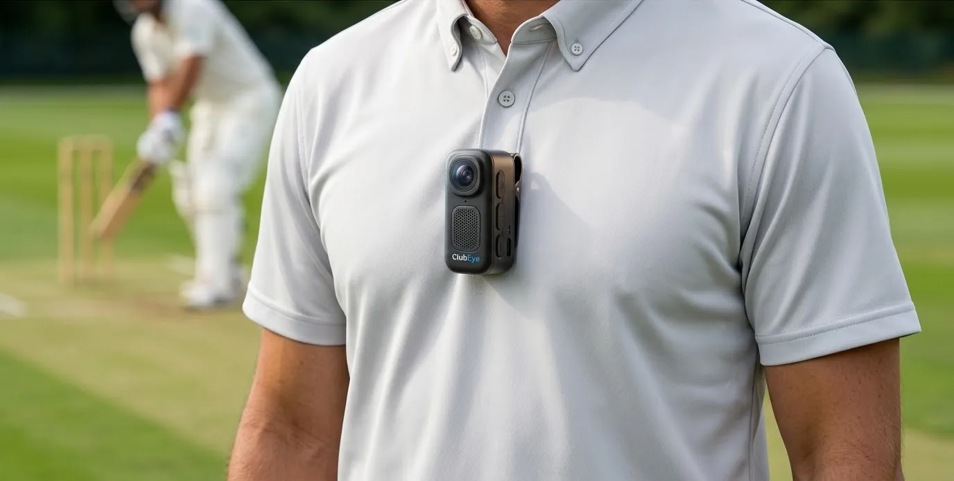 ClubEye clipped to an umpire's shirt during a club match